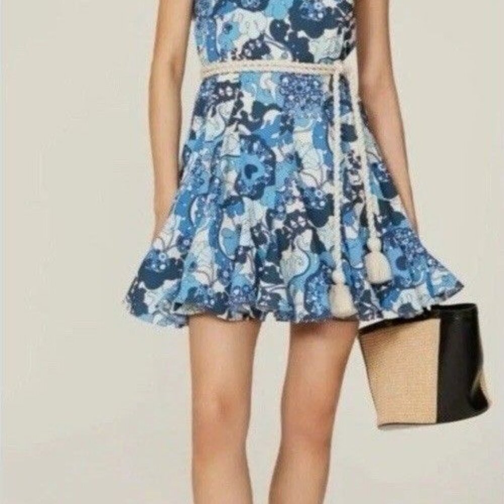 Rhode Casey Blue Floral A-Line Mini Dress with Tassel Tie - Size M